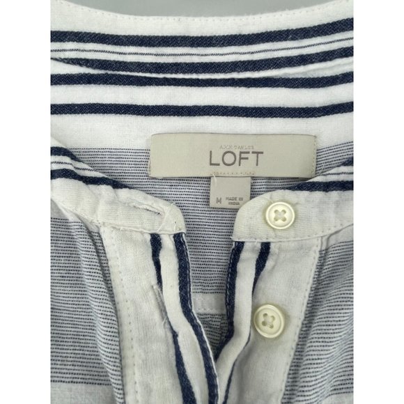 Ann Taylor LOFT Women's White Blue Striped Button Casual Peasant Top Medium Boho - Picture 5 of 8